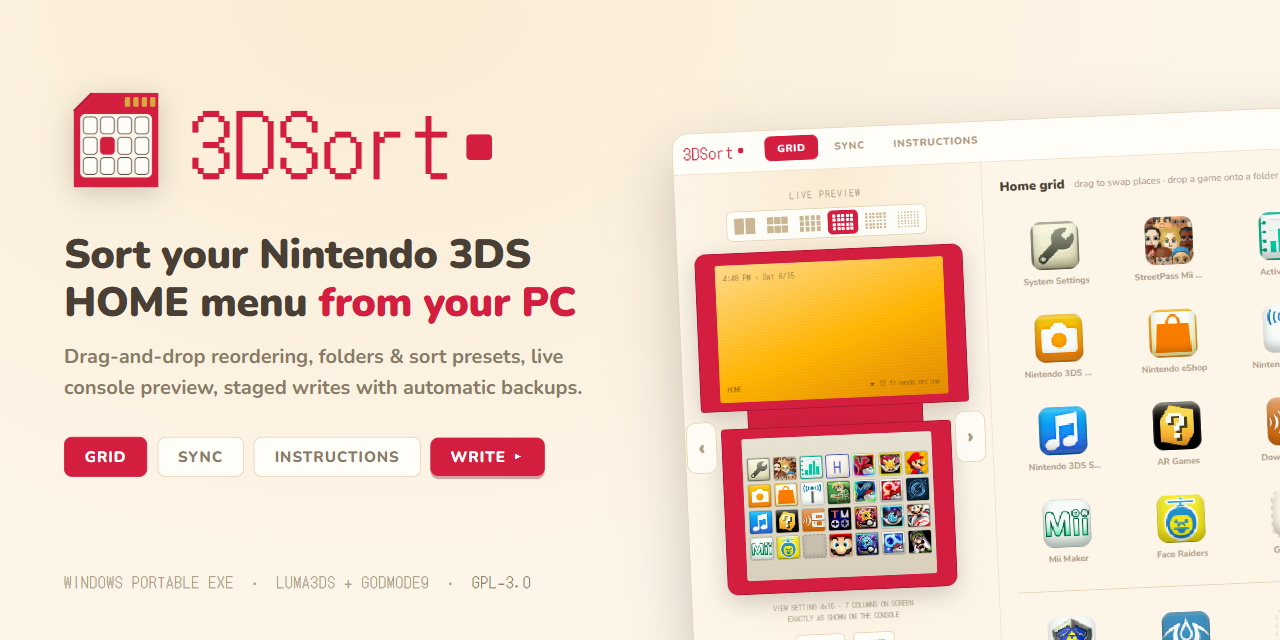 3DSort repository card: sort your Nintendo 3DS HOME menu from your PC
